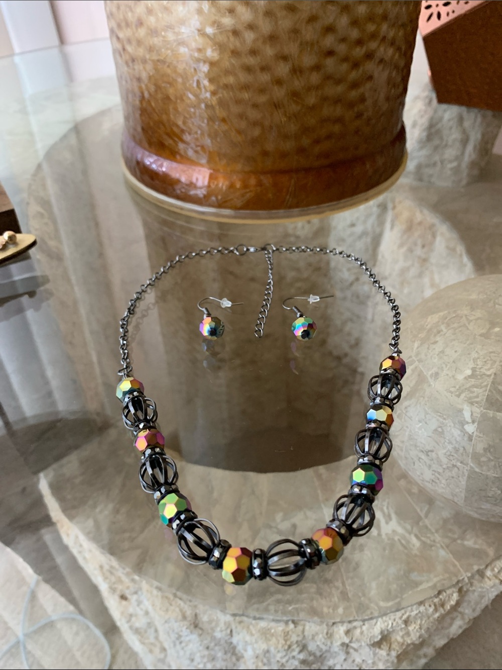 Multicolor Iridescent Bead Necklace & Earring Set